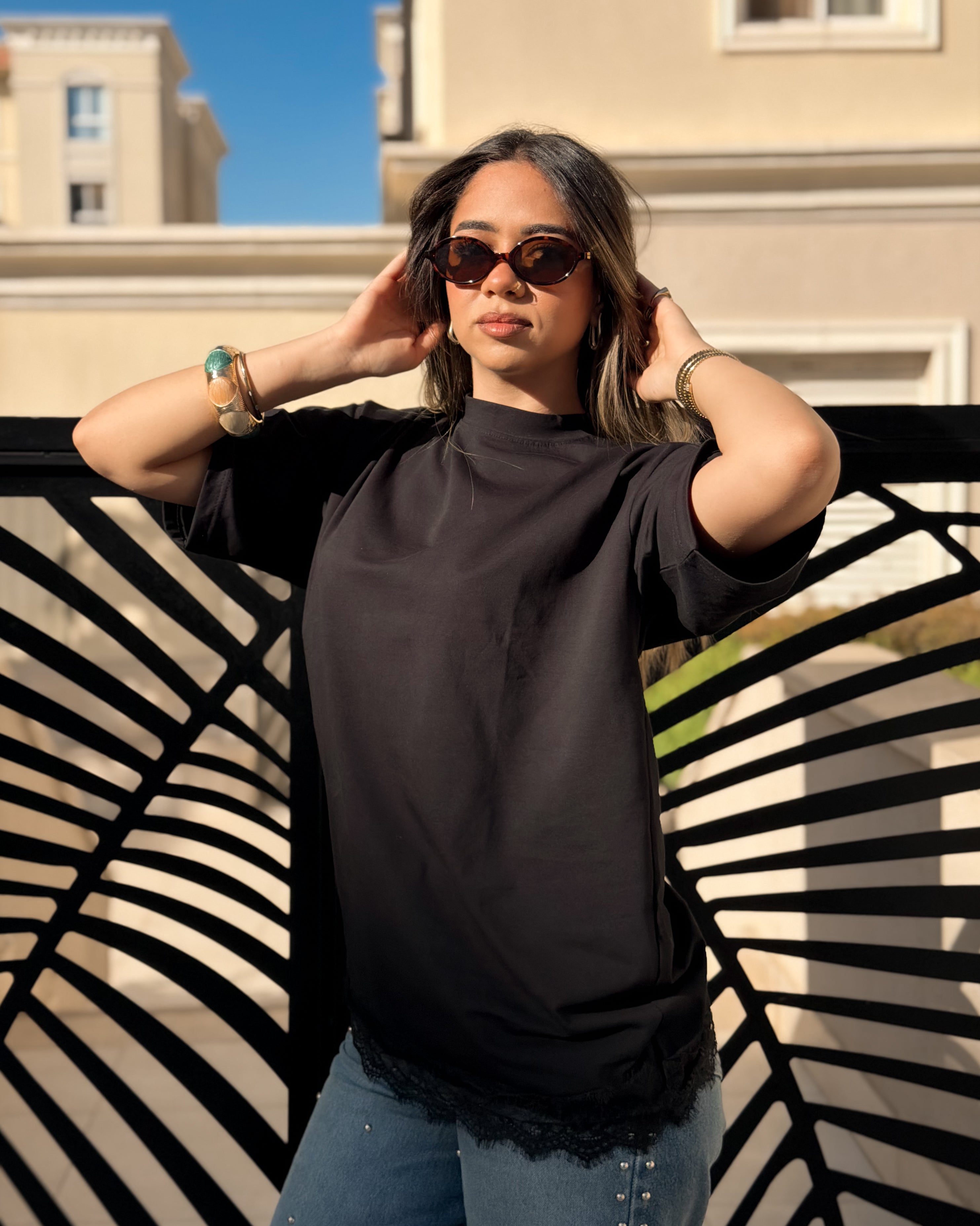 black asymmetric lace hem oversized tee