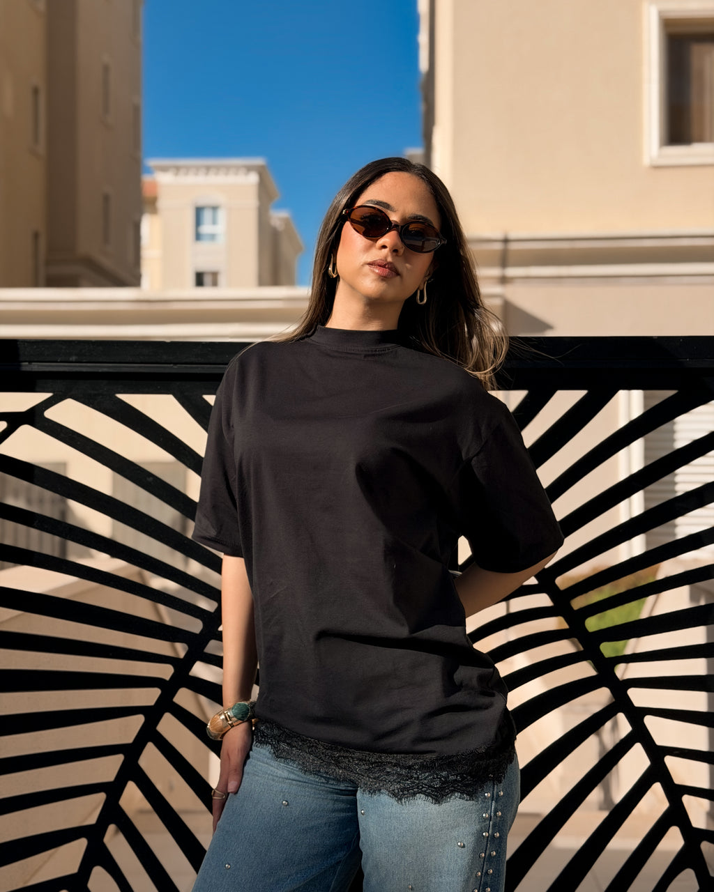 black asymmetric lace hem oversized tee