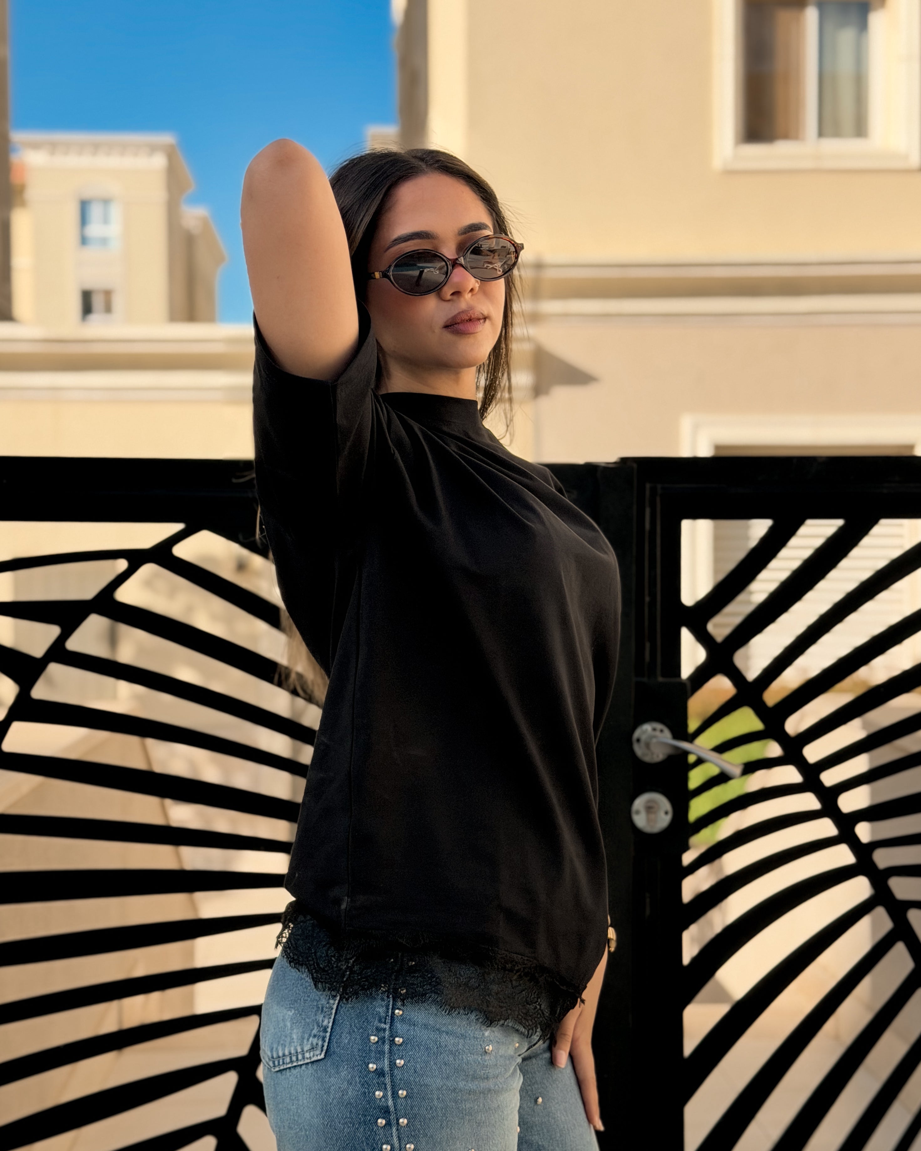 black asymmetric lace hem oversized tee