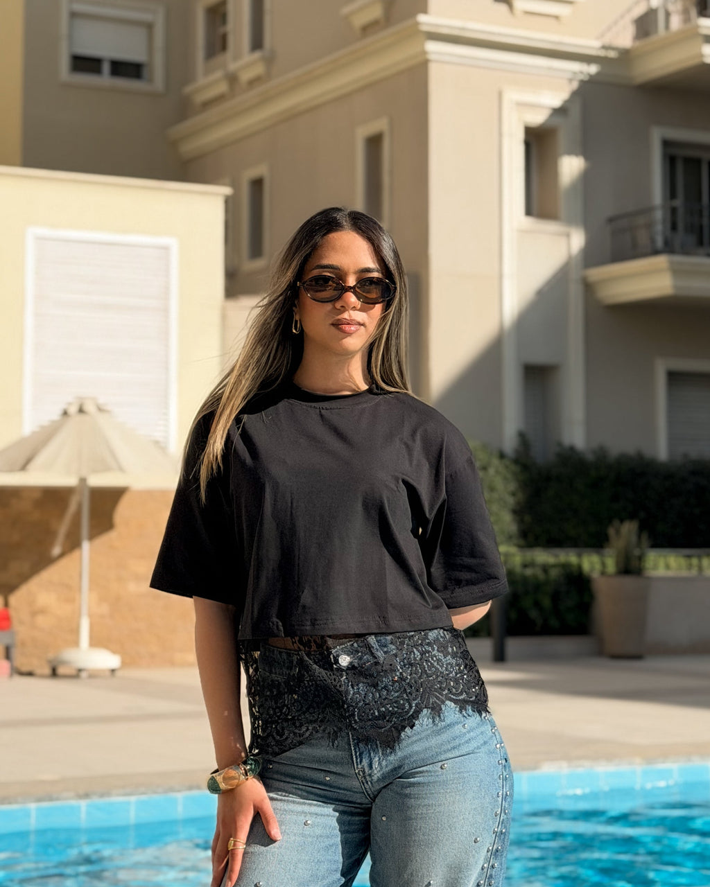Cropped Lace Oversized Tee